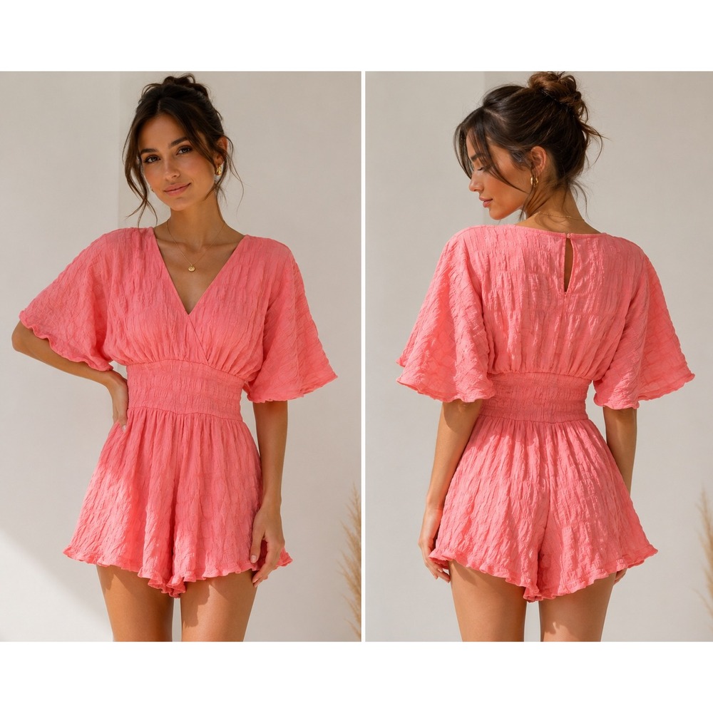 Davi & Dani Coral Pink Textured Smocked Waist Flutter Sleeve Romper Large NEW